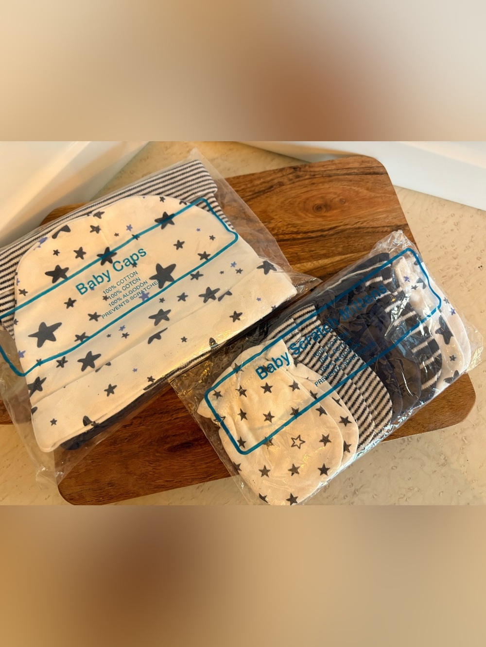 Baby Caps and Mittens Set - White with Navy Stars and Stripes